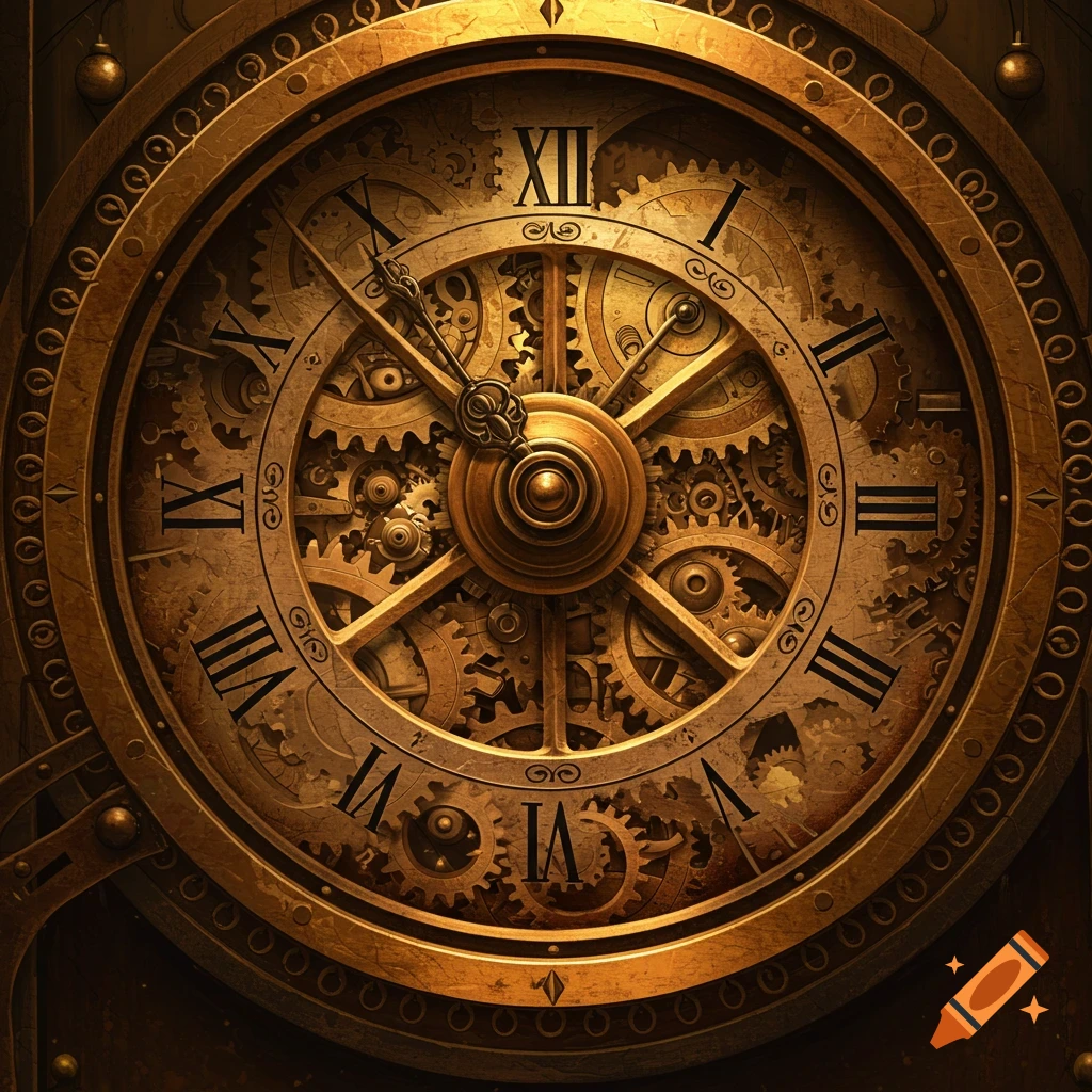 Close-up of a steampunk clock face with gears and Roman numerals.