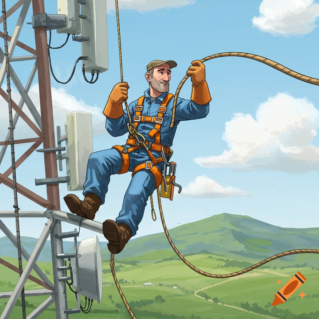 Illustration of a man in a harness working on a cellular tower