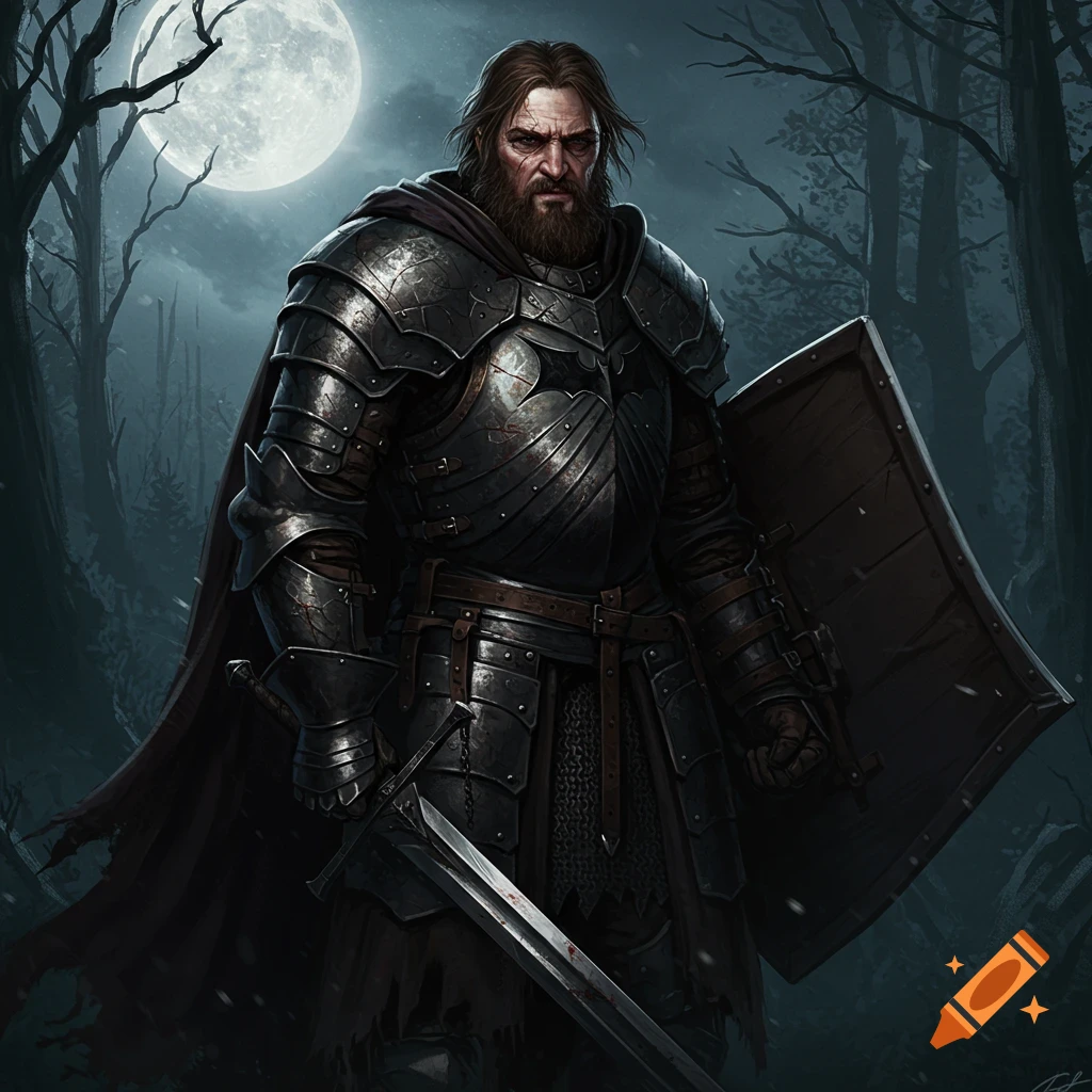 A dark knight in heavy armor, holding a sword and shield, stands in a dark forest under a full moon.