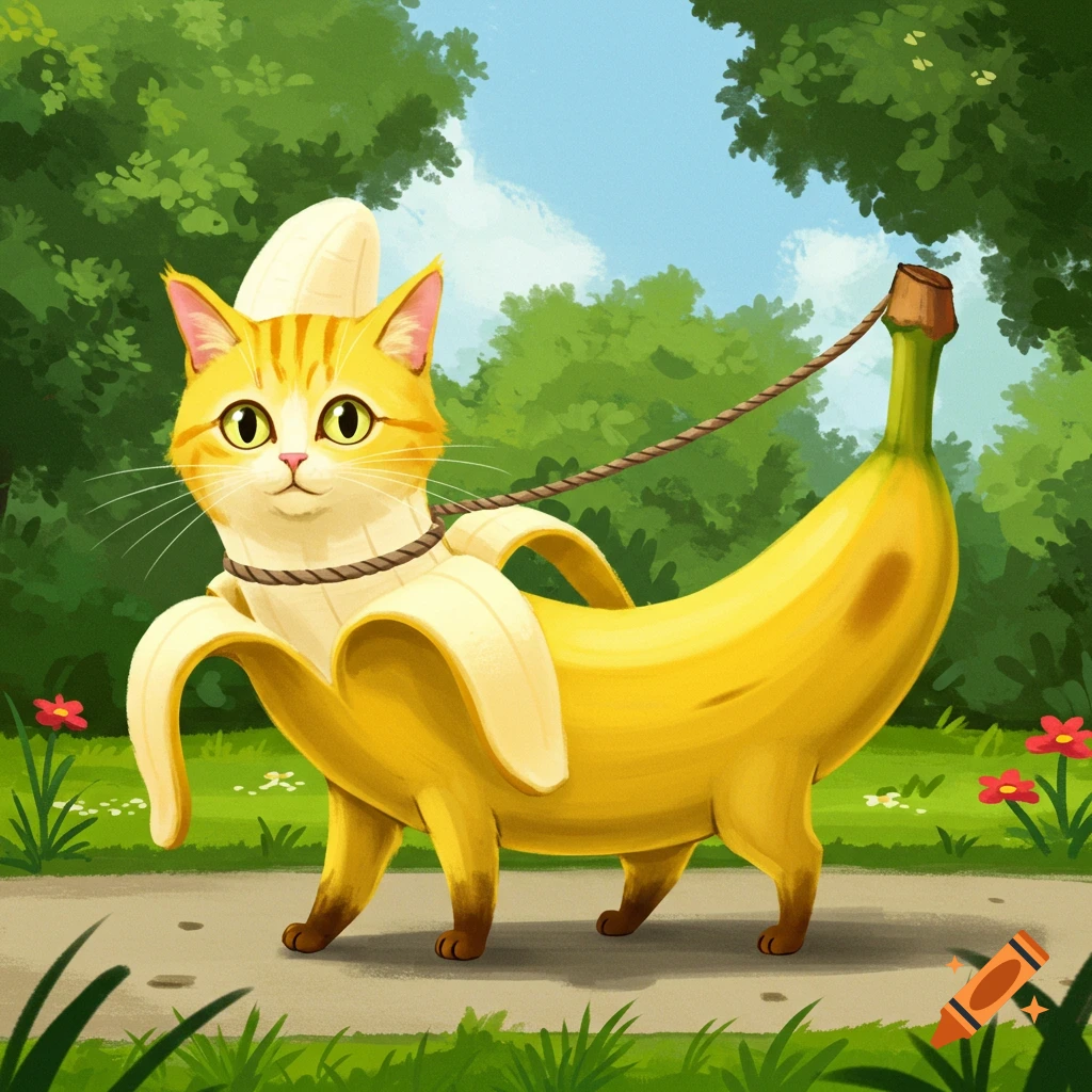 A ginger cat in a peeled banana costume walks on a leash in a park.