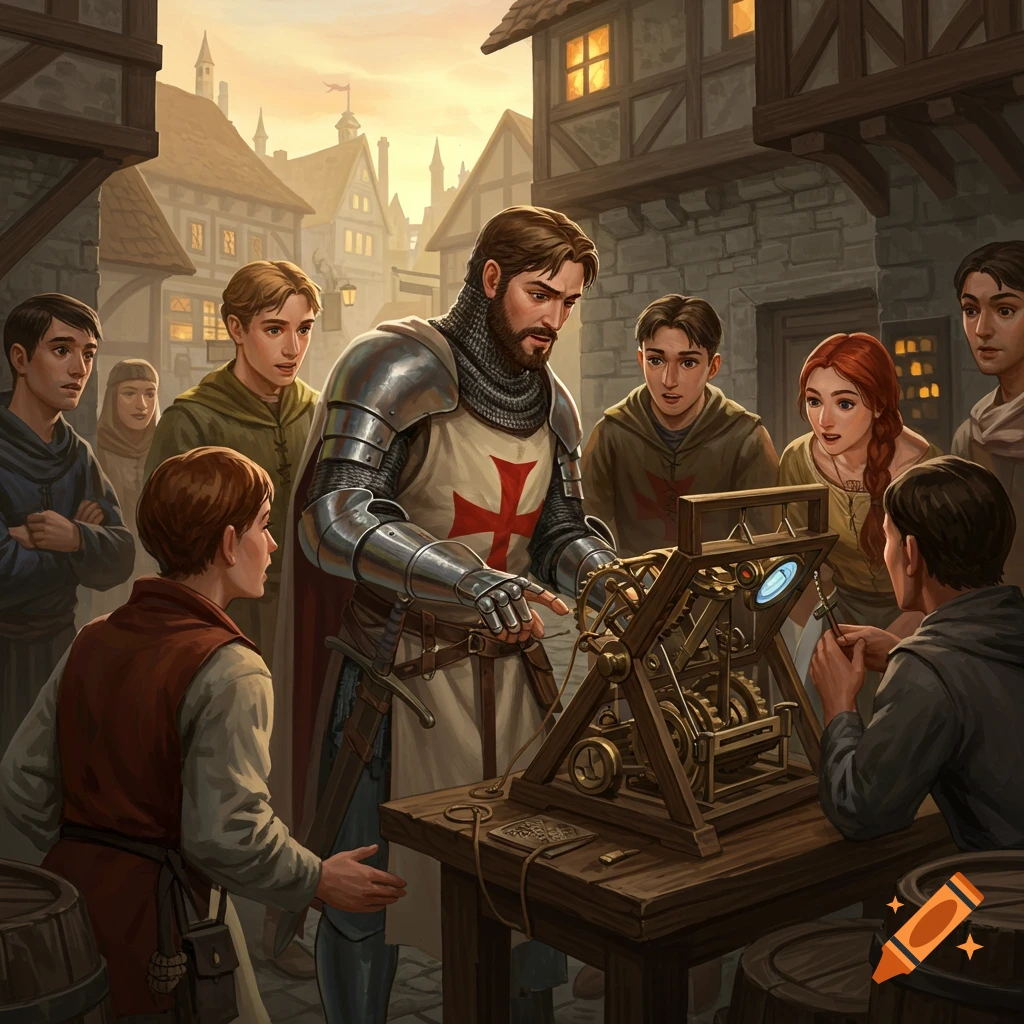 A crusader shows a complex machine to a group of people in a medieval town.