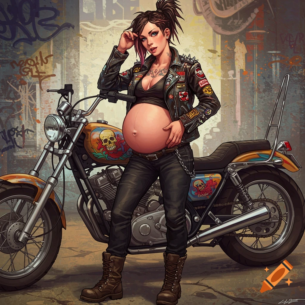 A pregnant woman in biker gear leans on a custom motorcycle in an urban setting.