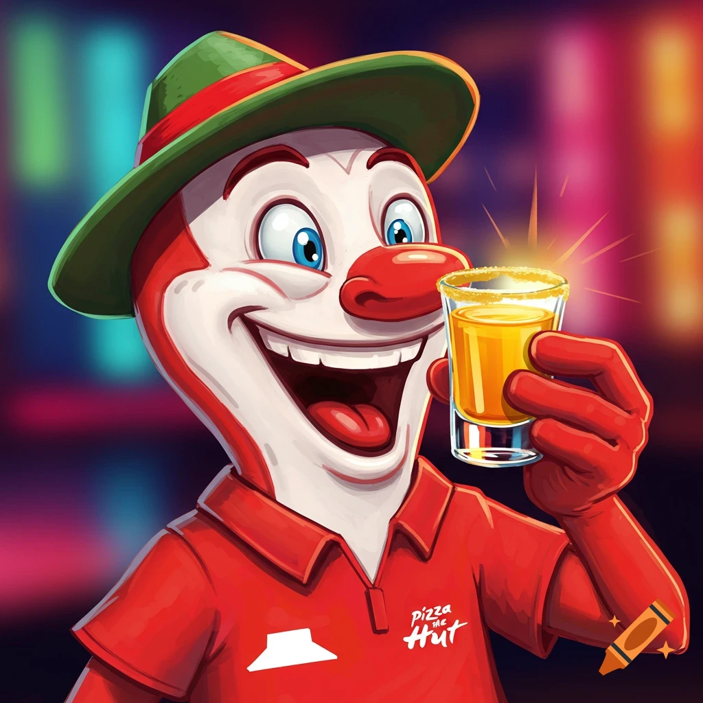 Cartoon character resembling Pizza the Hut holding a shot glass