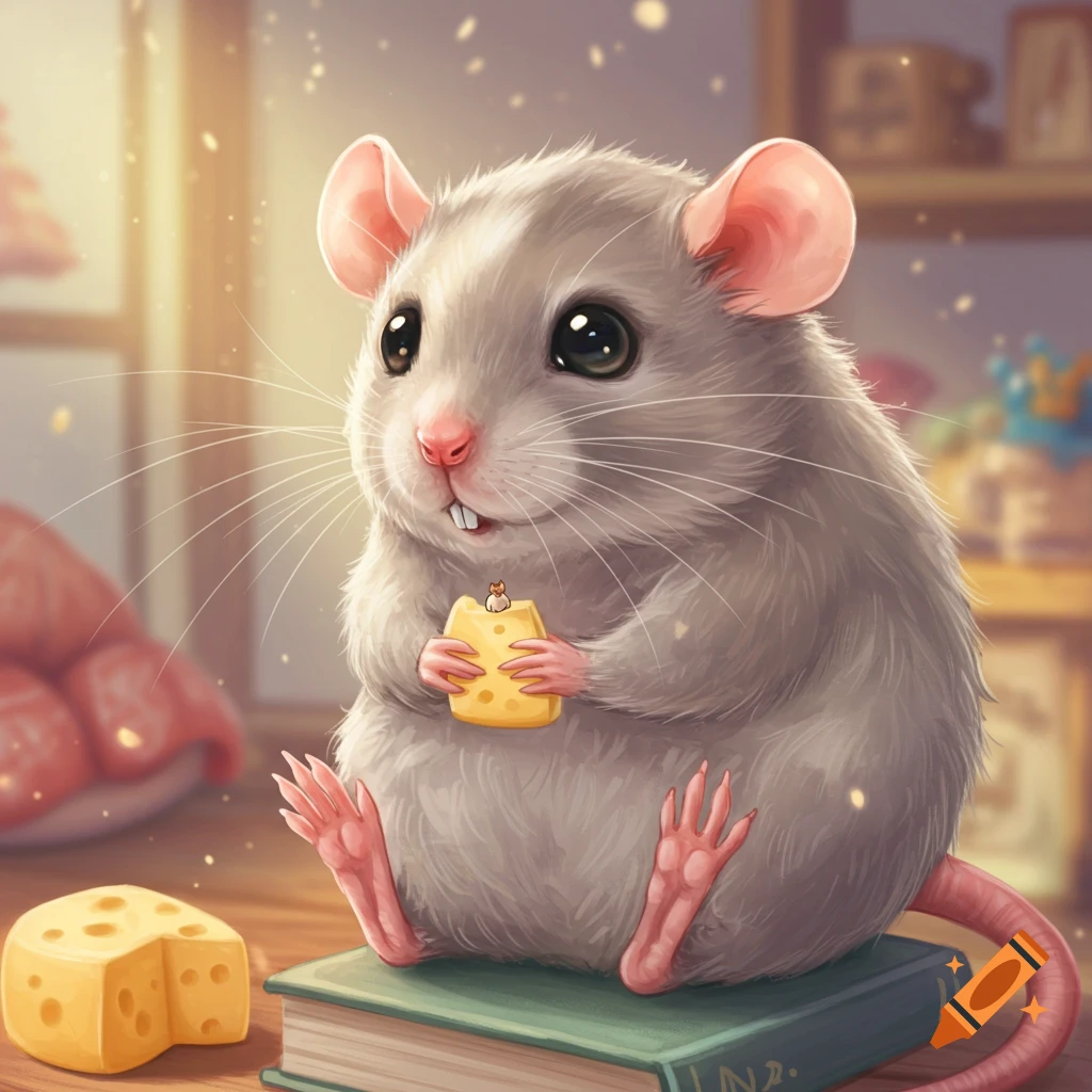 A cute rat holding cheese and sitting on a book.