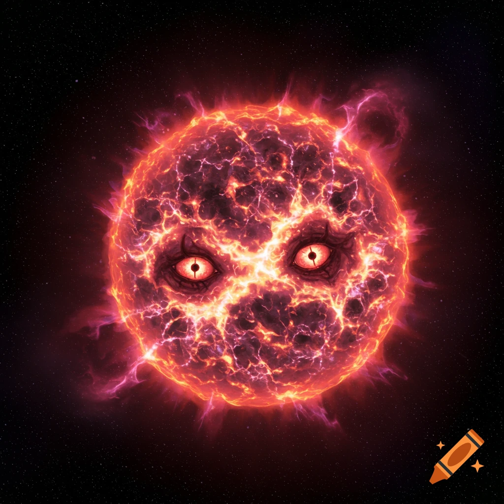 A bright red, fiery star with large, malevolent red eyes floats in space.