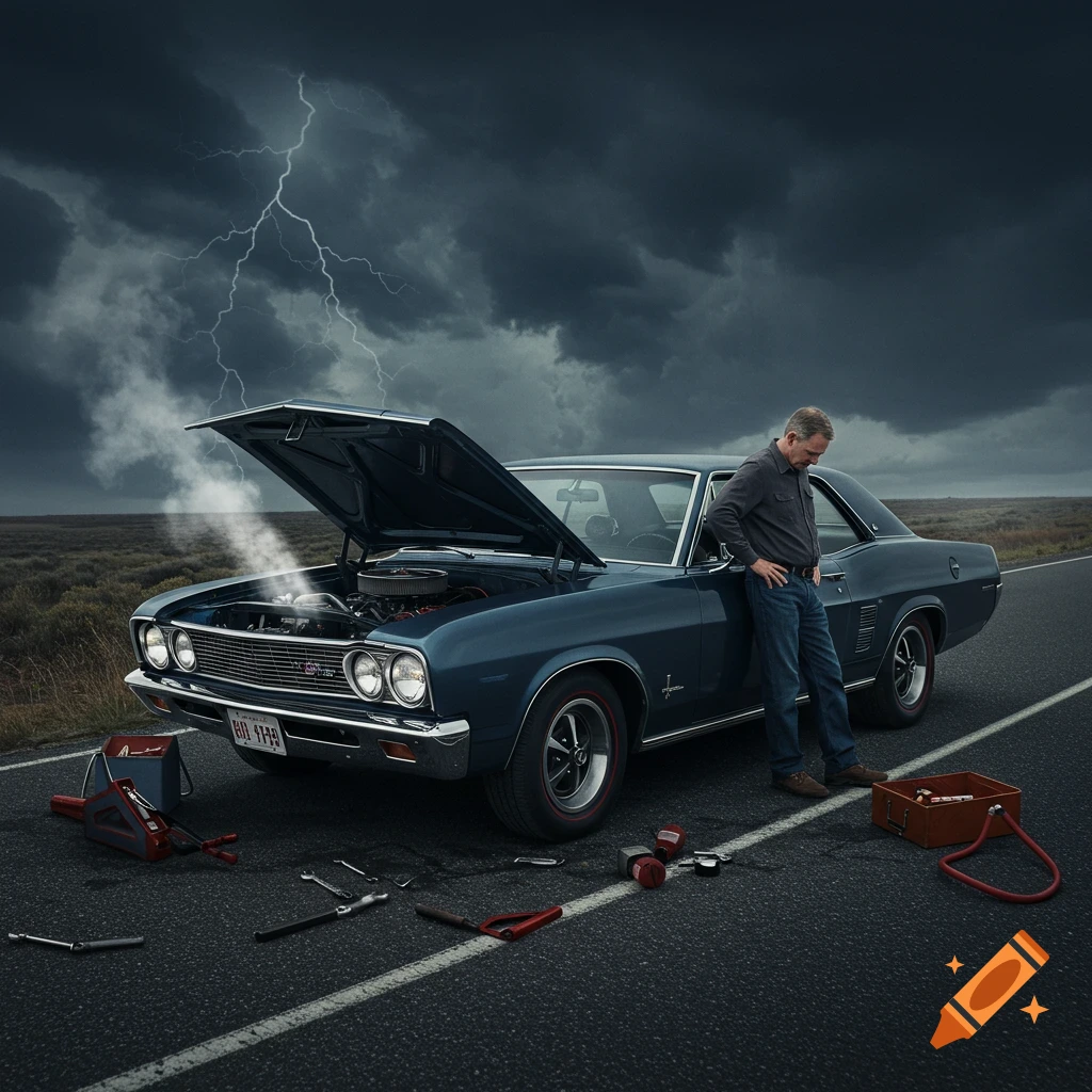 A man stands next to a broken-down blue classic car with the hood up on a road as lightning strikes in a stormy sky. Tools are on the ground.