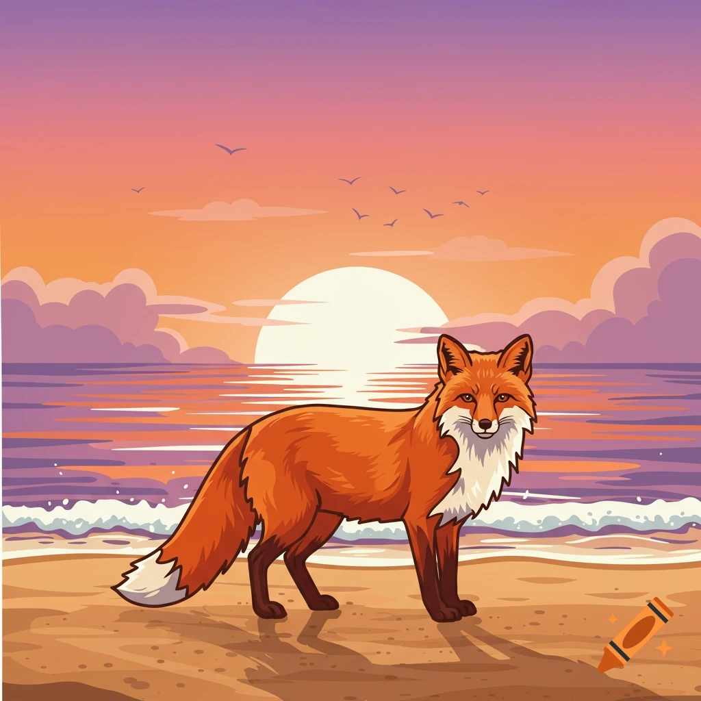 Vector illustration of a fox on a beach during sunset with waves and birds.
