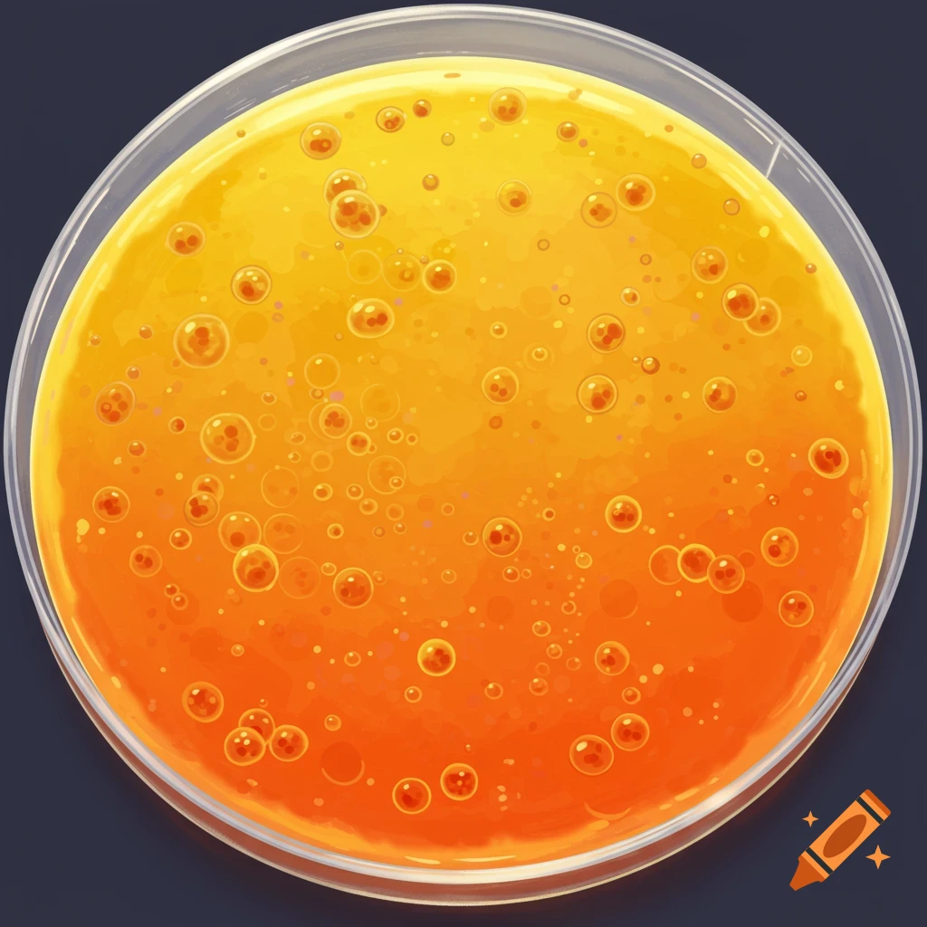 An overhead view of orange liquid with bubbles in a clear petri dish.