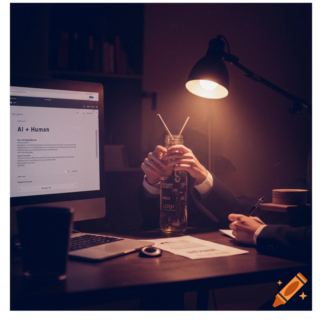 A person working at a desk with a computer screen showing 'AI + Human', holding a drink.