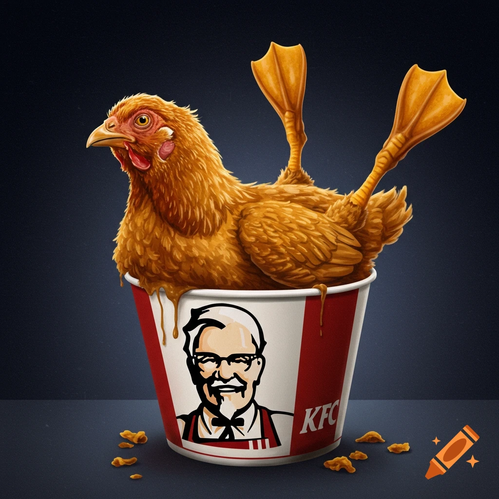A chicken sits in a KFC bucket with its feet sticking up.