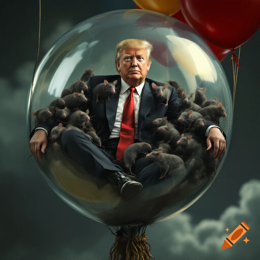 Donald Trump sits inside a clear balloon filled with rats, floating among other balloons.