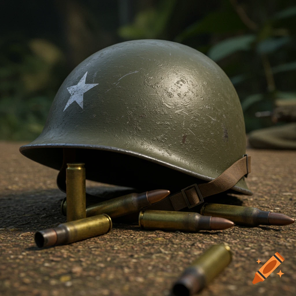 A green military helmet with a white star sits on the ground with ammunition around it.