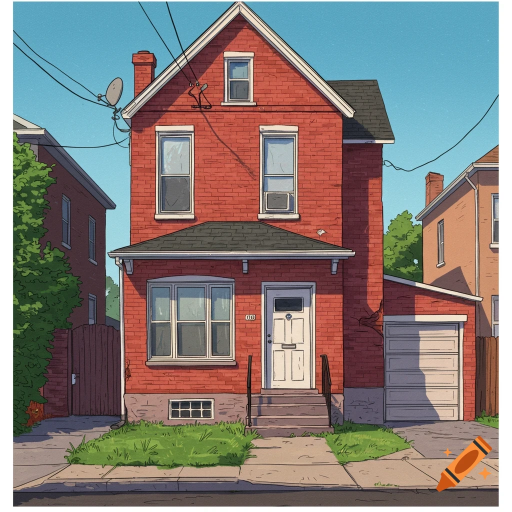 A small red brick house with tight steps, small windows, and a small yard.