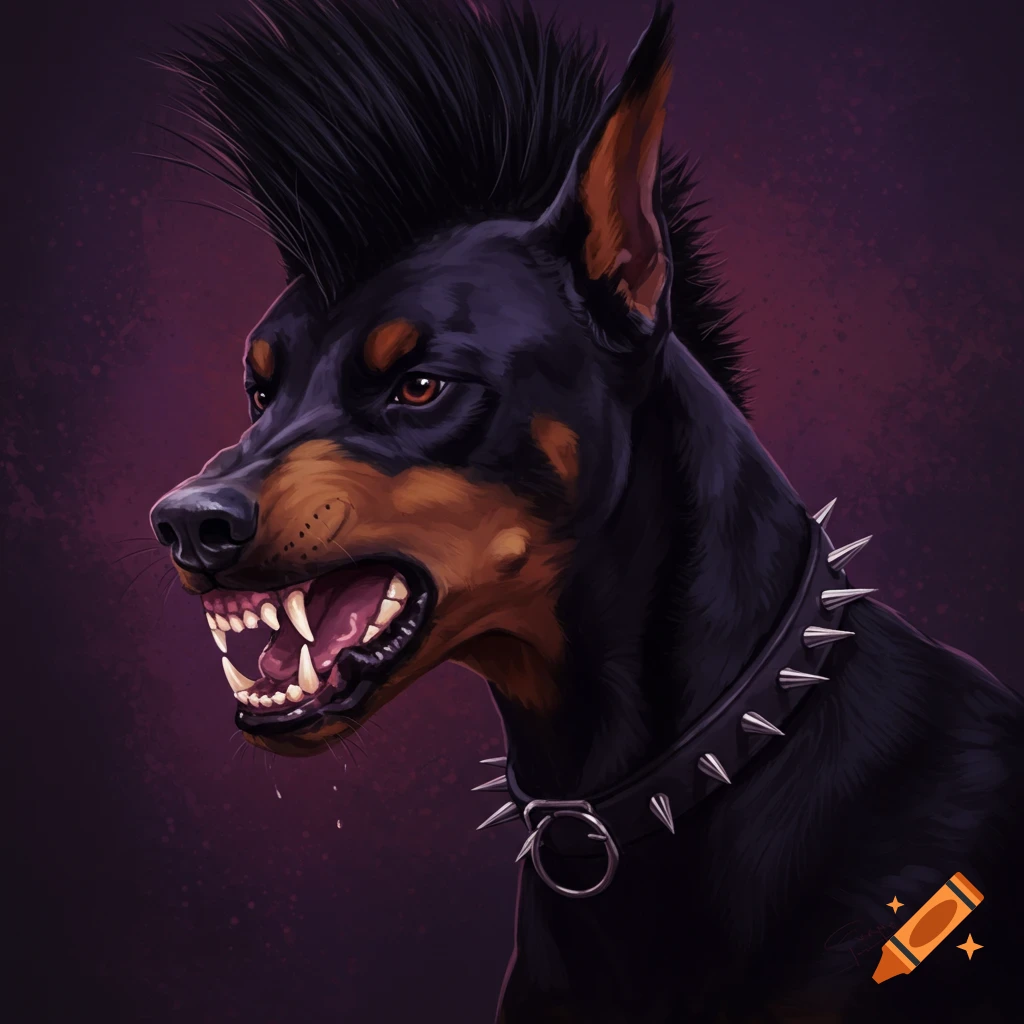 A snarling Doberman dog with a mohawk and spiked collar