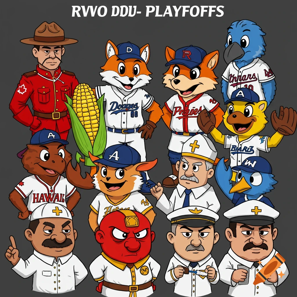 Cartoon image of various characters and mascots in baseball uniforms and other outfits, appearing to argue.
