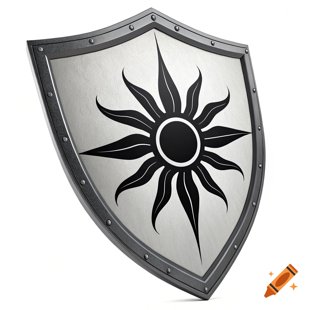 A silver shield with a black sun symbol.