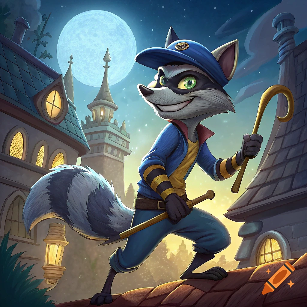 Cartoon raccoon character on a rooftop at night with a full moon.