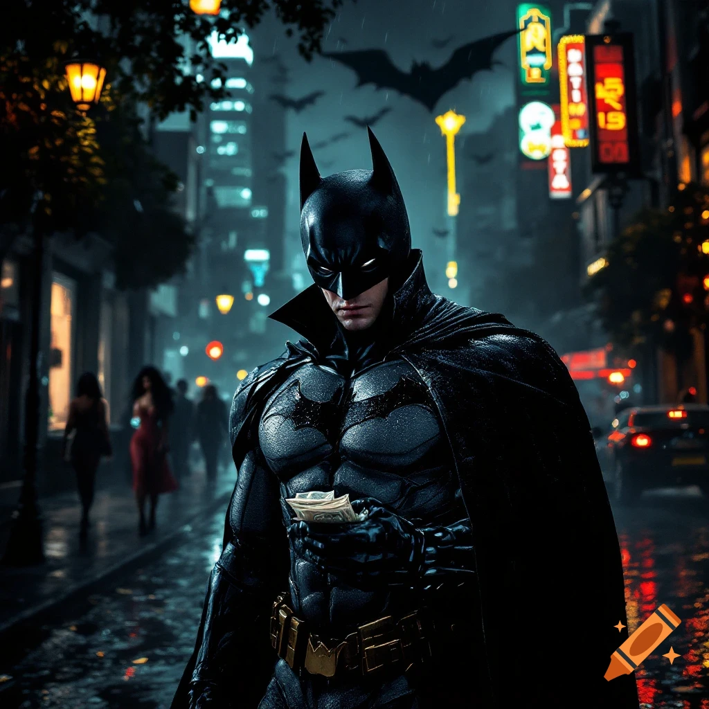 Batman stands on a wet city street at night, holding money, with neon signs and bats.