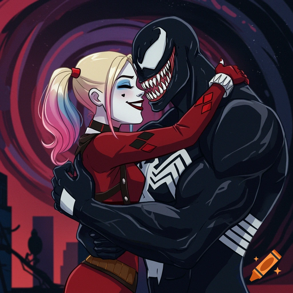 Cartoon drawing of Harley Quinn and Venom hugging with a swirling background.