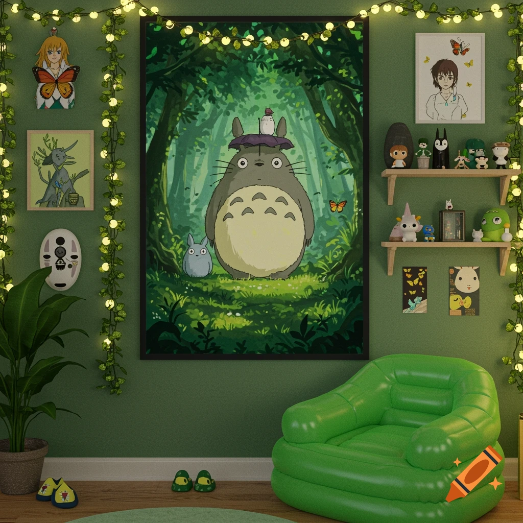 A cozy room decorated with Studio Ghibli art, plushies, fairy lights, and a green inflatable chair.