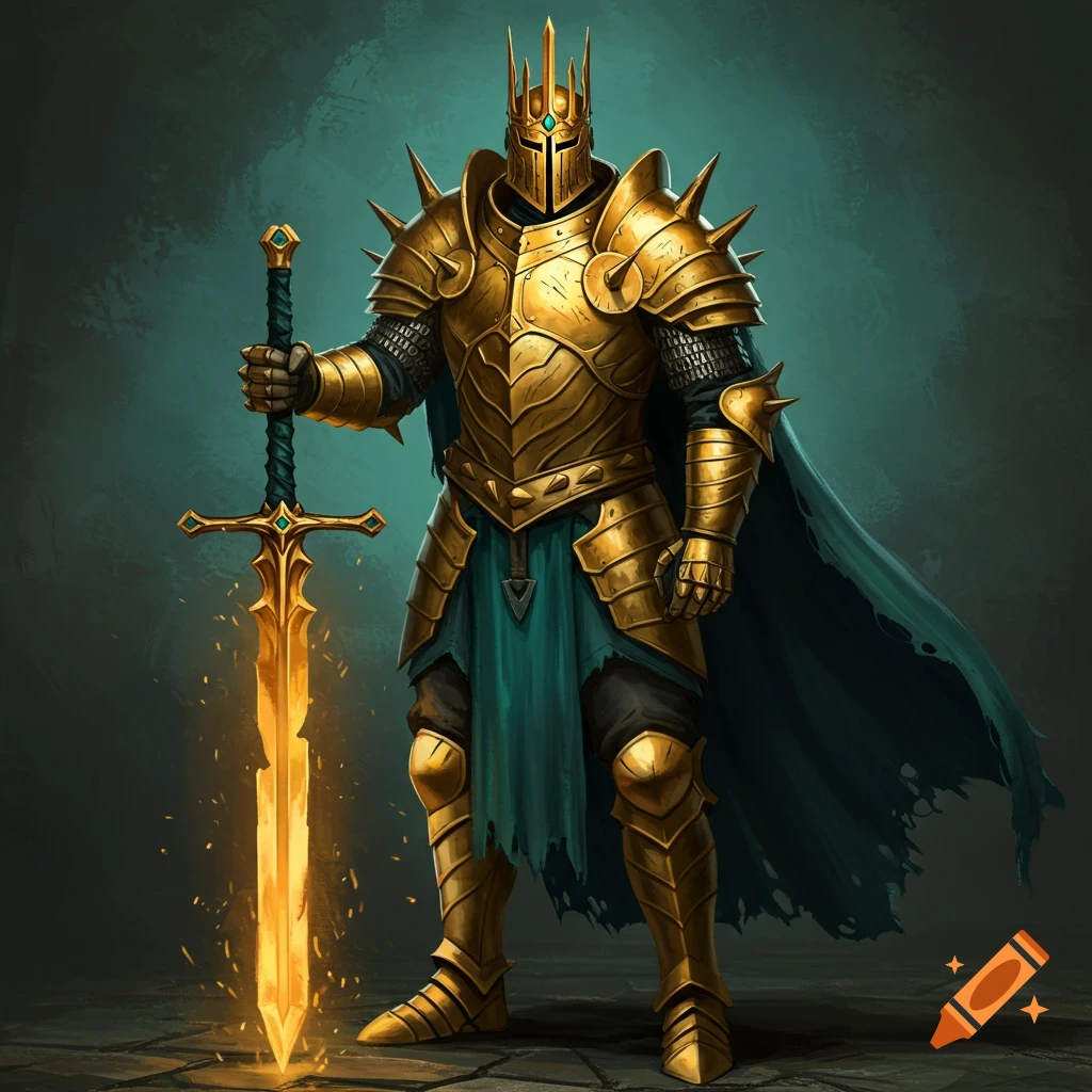 A knight in ornate golden spiked armor and helmet stands holding a glowing golden sword.
