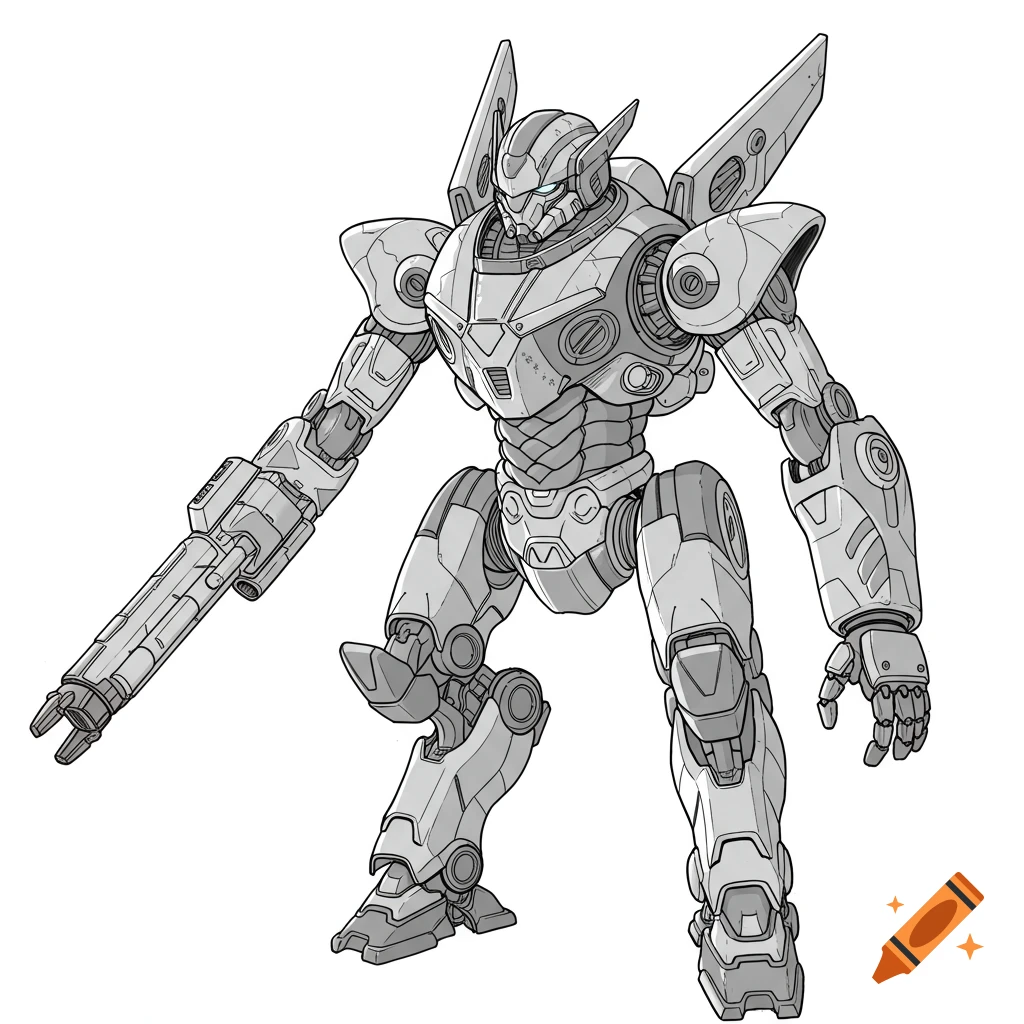 Grayscale illustration of a standing mecha robot.