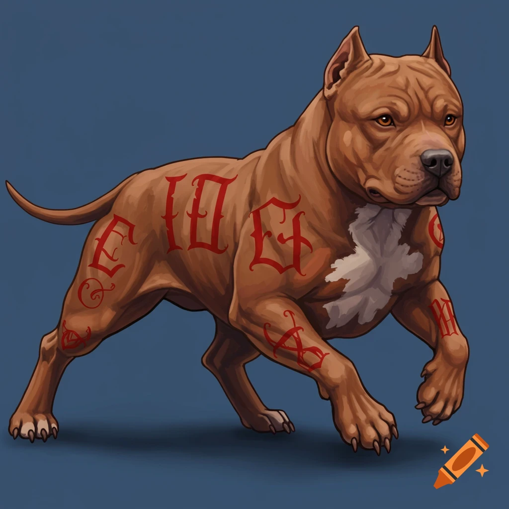 Brown Pitbull dog with red tattoos standing.