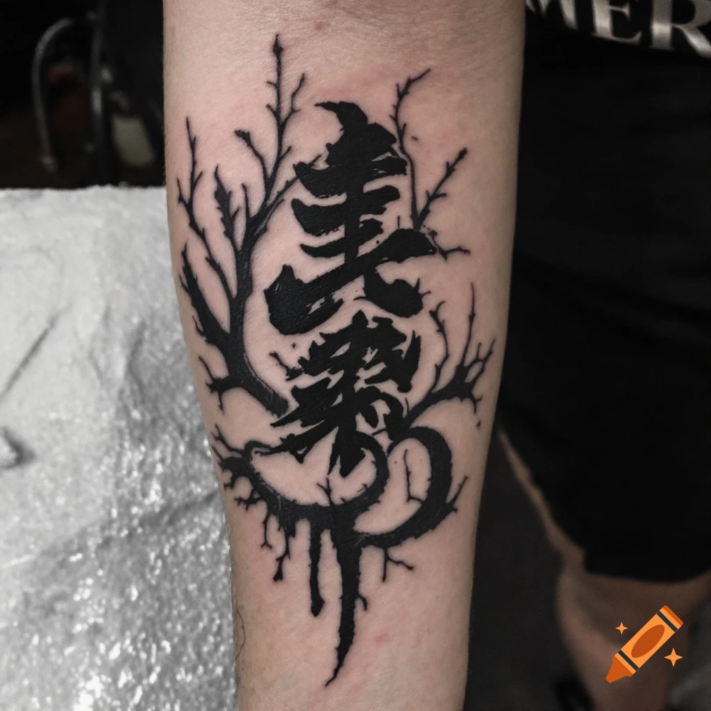 Black tattoo of Kanji/Chinese script stylized as a tree with branches on an arm.