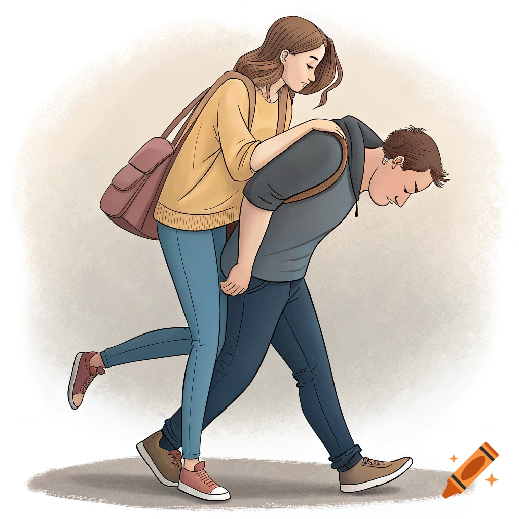 Illustration of a woman carrying a man piggyback, looking like she's struggling.