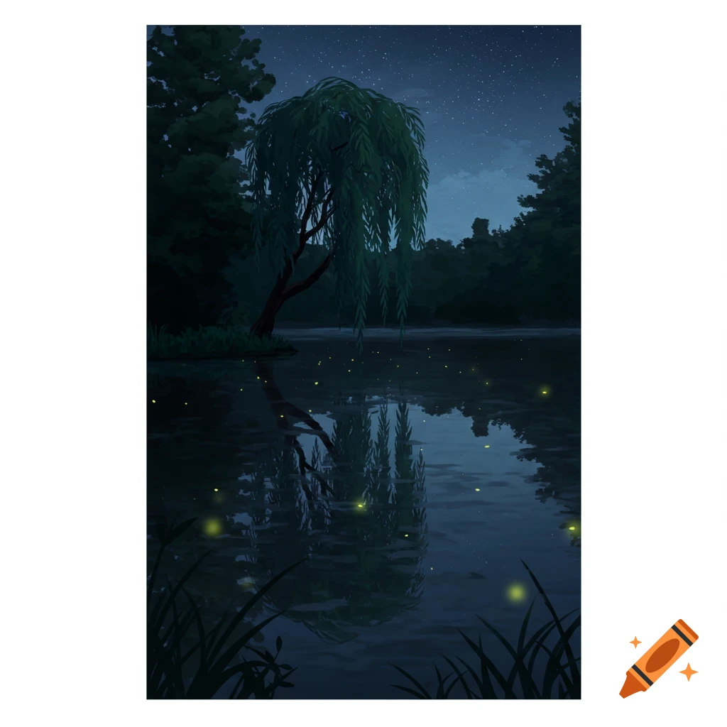 A weeping willow tree stands beside a lake with fireflies at night.