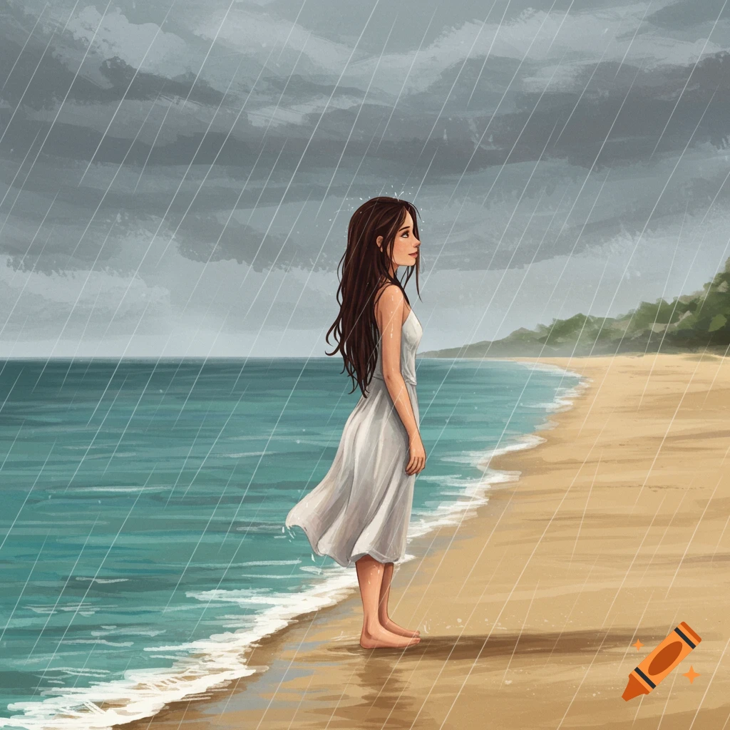 A woman stands on a rainy beach.