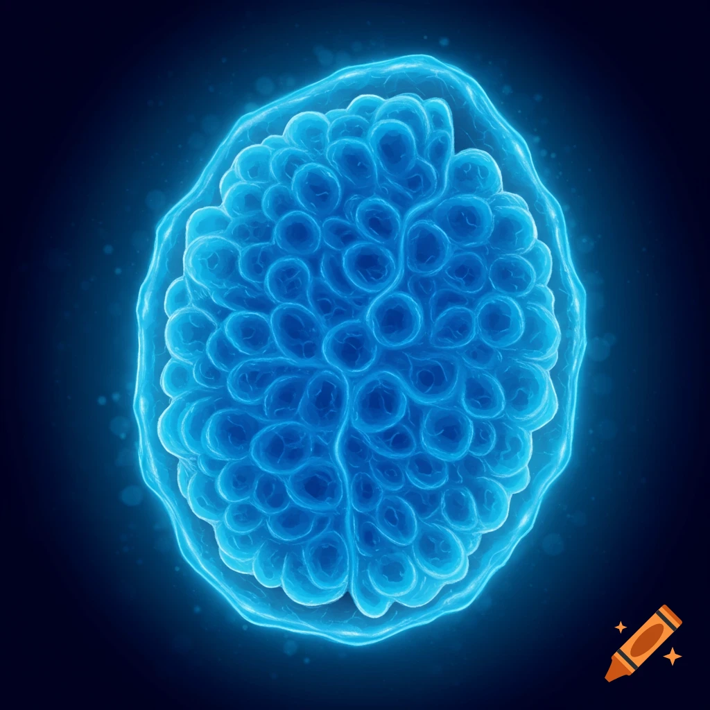 A close-up of a glowing blue microscopic cell structure