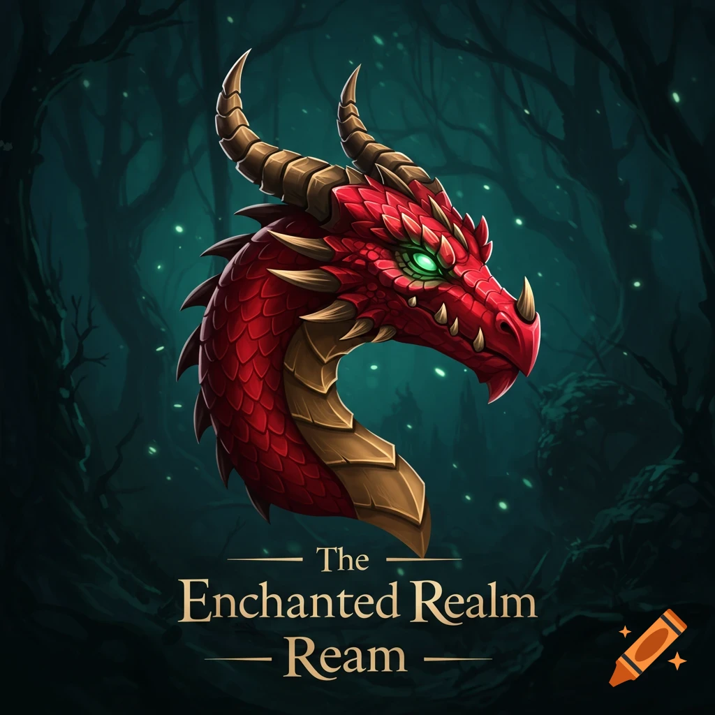 Red dragon head in a dark forest. Text says 'The Enchanted Realm - Ream'. Fantasy game logo style illustration.