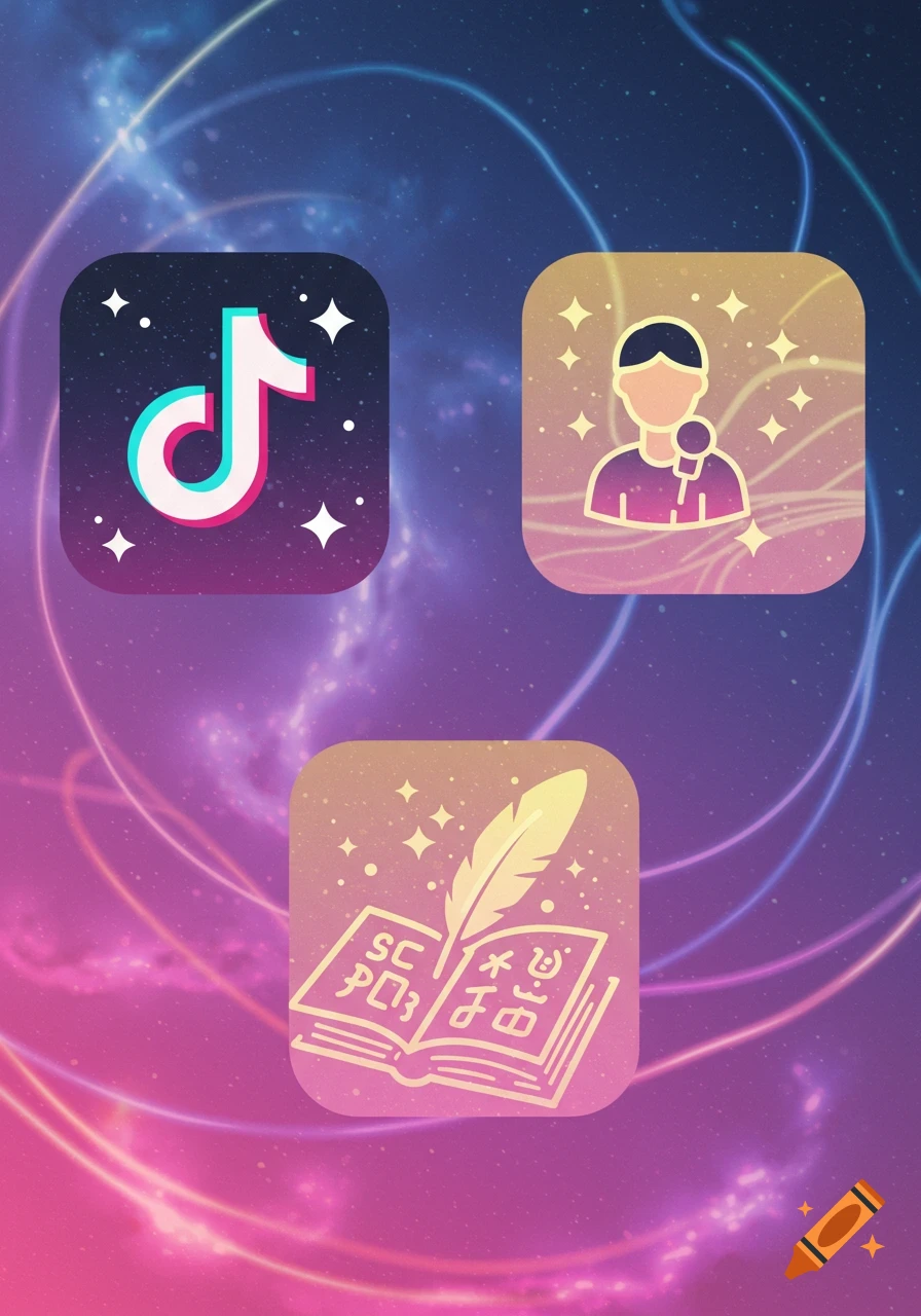 Icons of TikTok, a singer, and a book with a feather quill on a starry background.