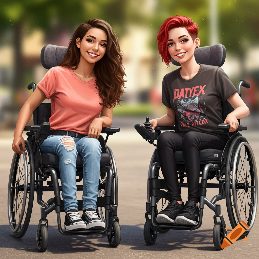Two young women in wheelchairs are smiling at the camera.