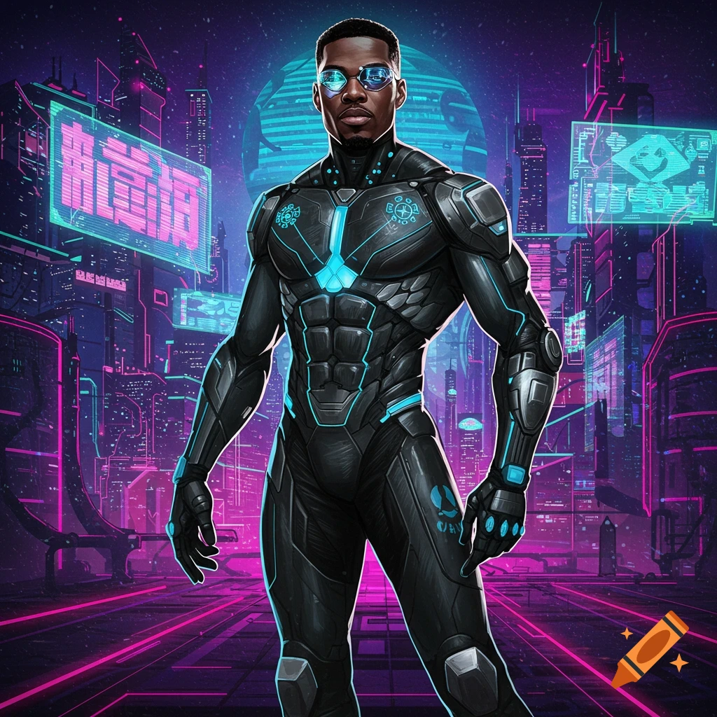 A black superhero stands in a futuristic city with neon signs.