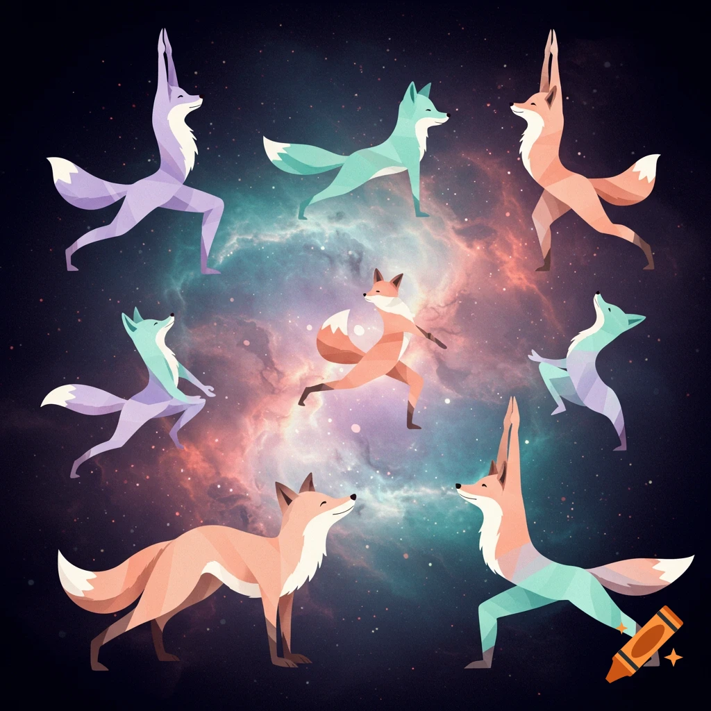 Abstract stylized foxes doing yoga poses in space
