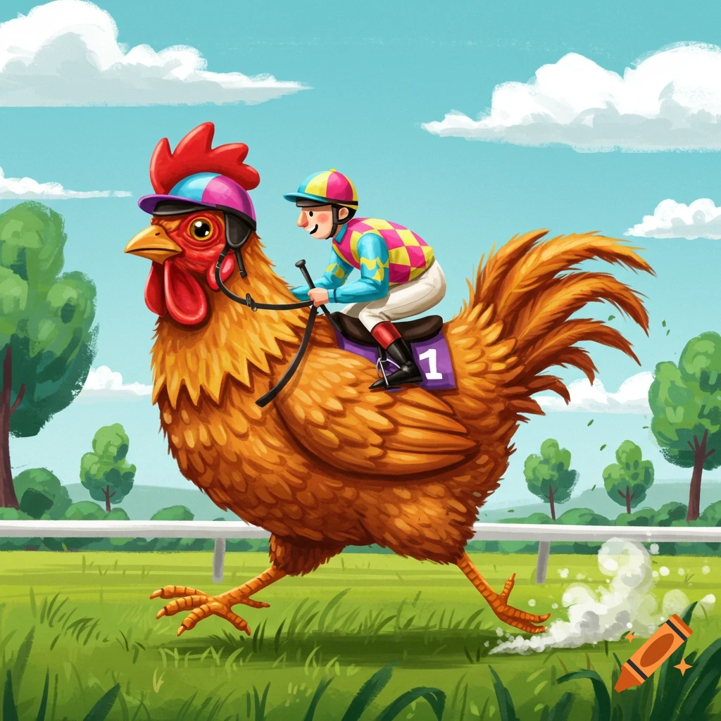 A cheerful cartoon boy in jockey attire rides a chicken through a sunny ...