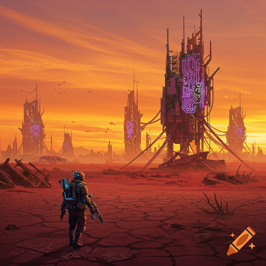 A figure in a futuristic suit stands in a cracked red desert, looking at towering cybernetic structures under an orange sky.