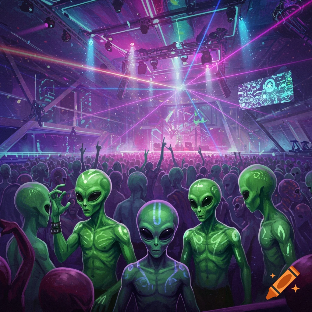 green aliens partying in an EDM nightclub