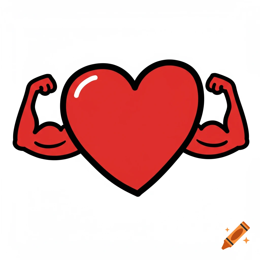 Simple cartoon illustration of a red heart with flexing arms