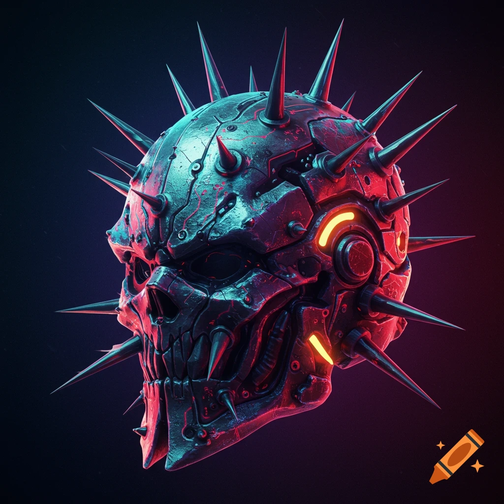 A dark, mechanical skull helmet covered in spikes, lit by red and blue light.