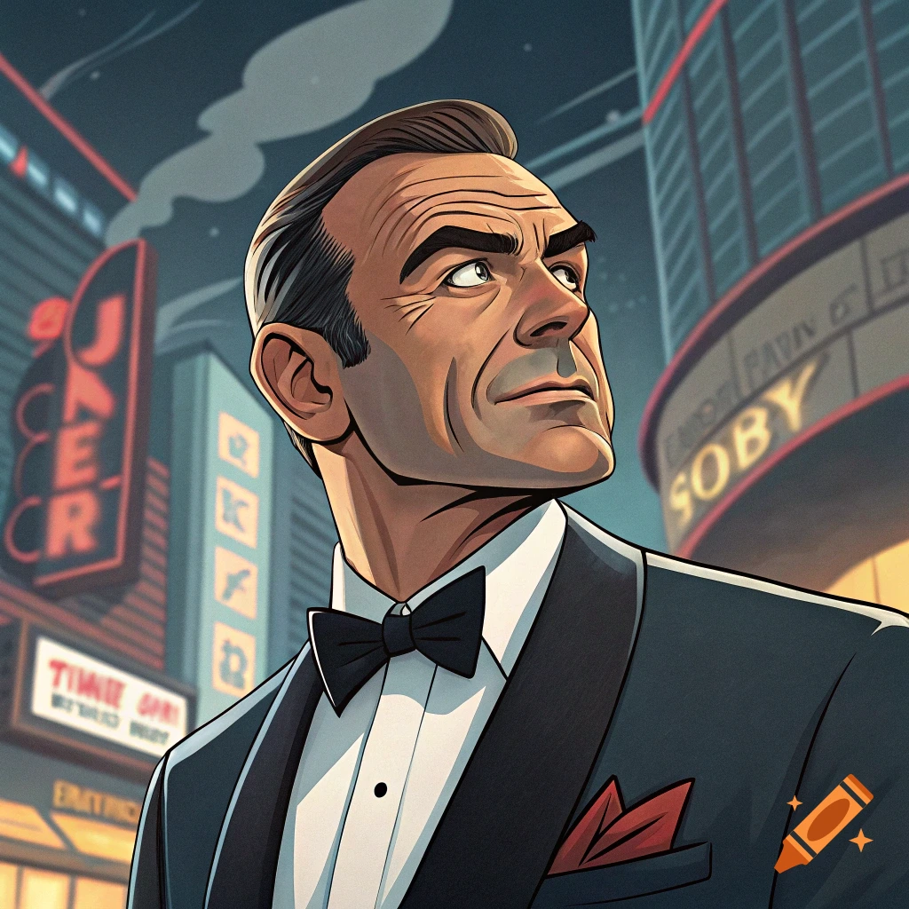 Cartoon style portrait of a man in a tuxedo in a city setting at night.