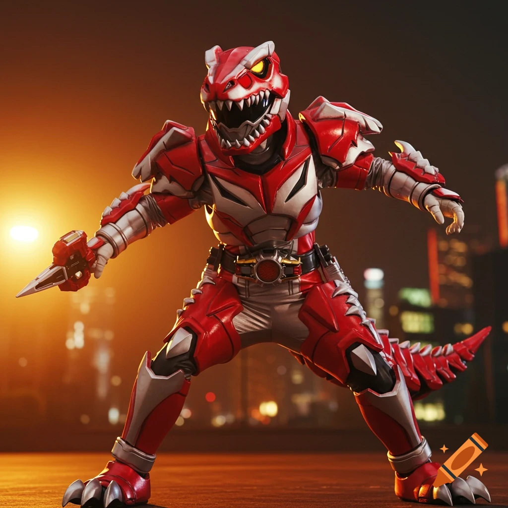 Person in red and white Tyrannosaurus armor suit stands in city at night.