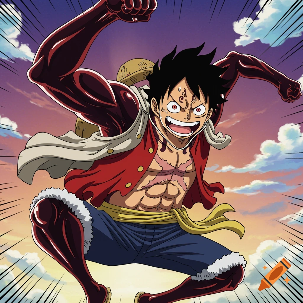 Anime illustration of One Piece character Luffy in Gear 4/5 form leaping with a dynamic background.