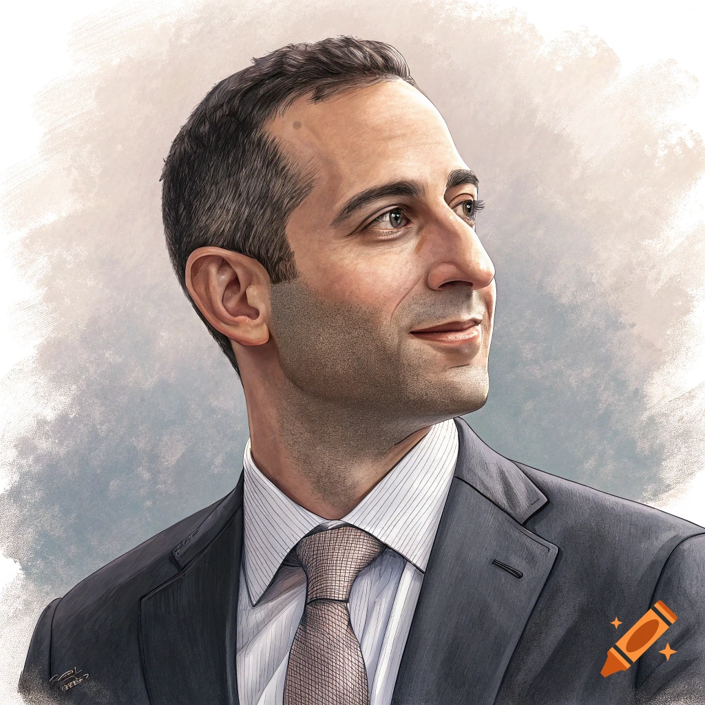 Portrait illustration of a man in a suit looking to the side.