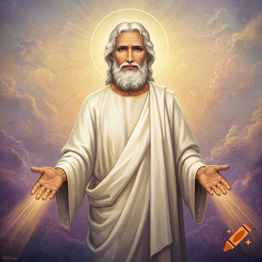 A figure representing God with arms outstretched, surrounded by clouds and light rays.