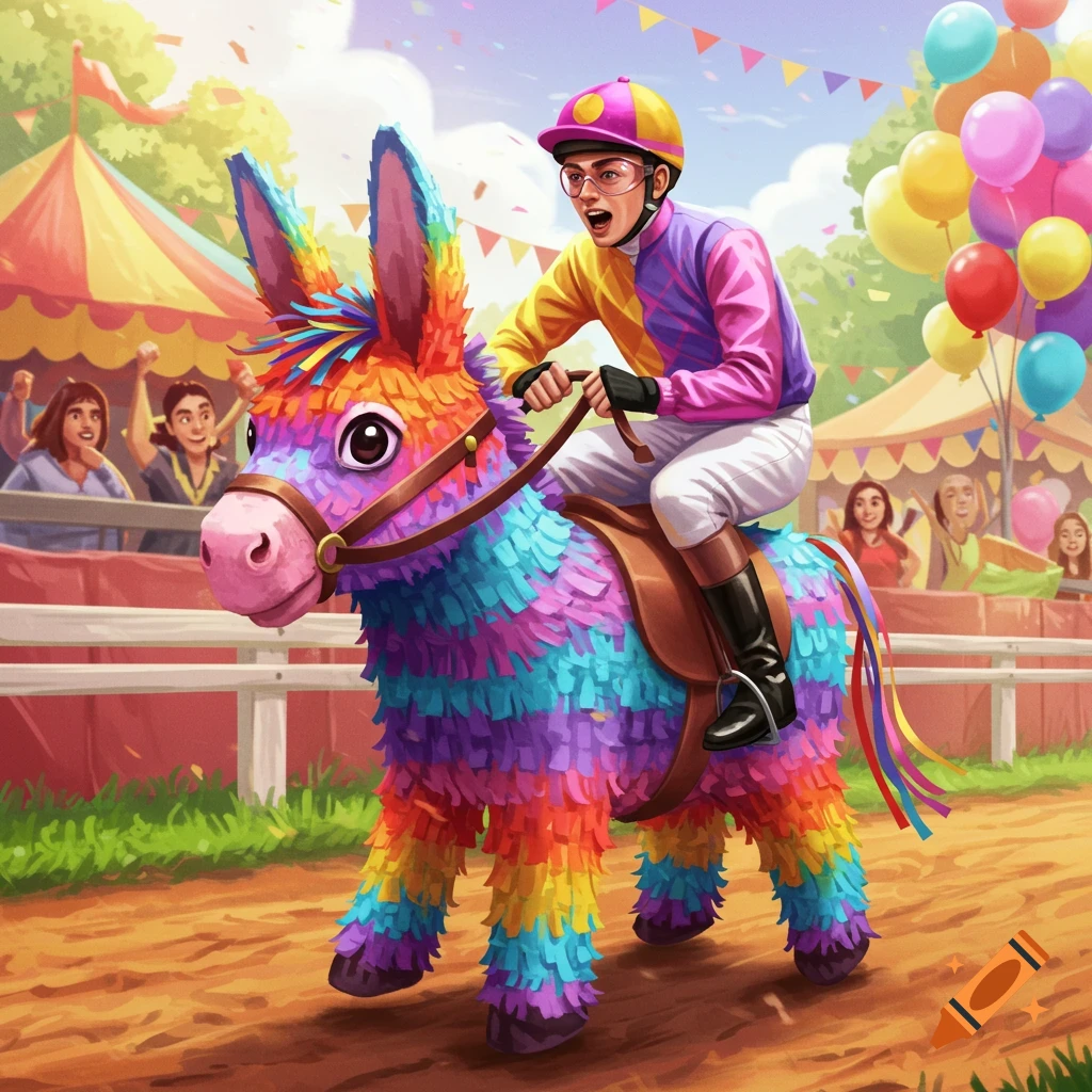 A jockey rides a rainbow donkey piñata in a circus tent setting.