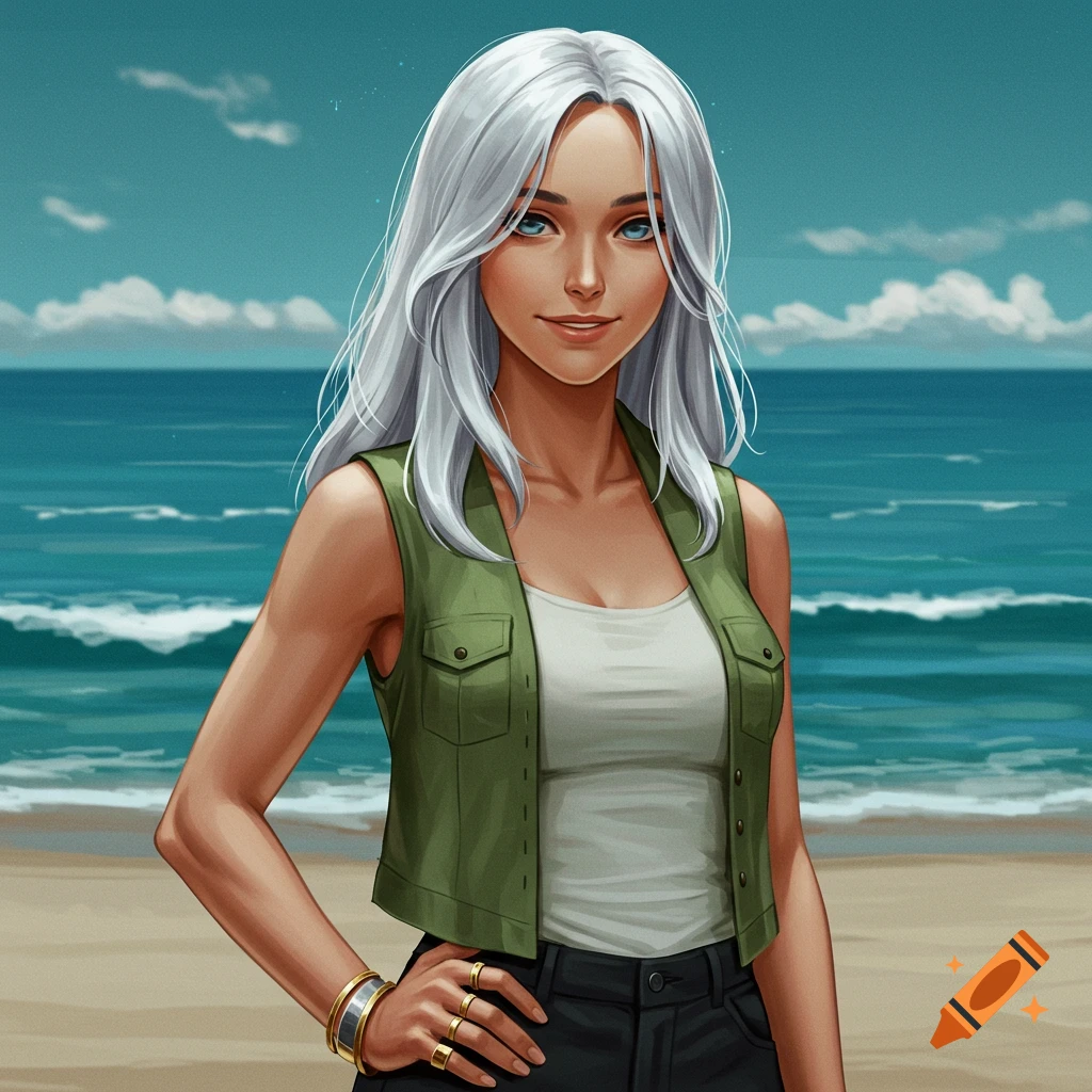 A woman with white hair and blue eyes standing on a beach.