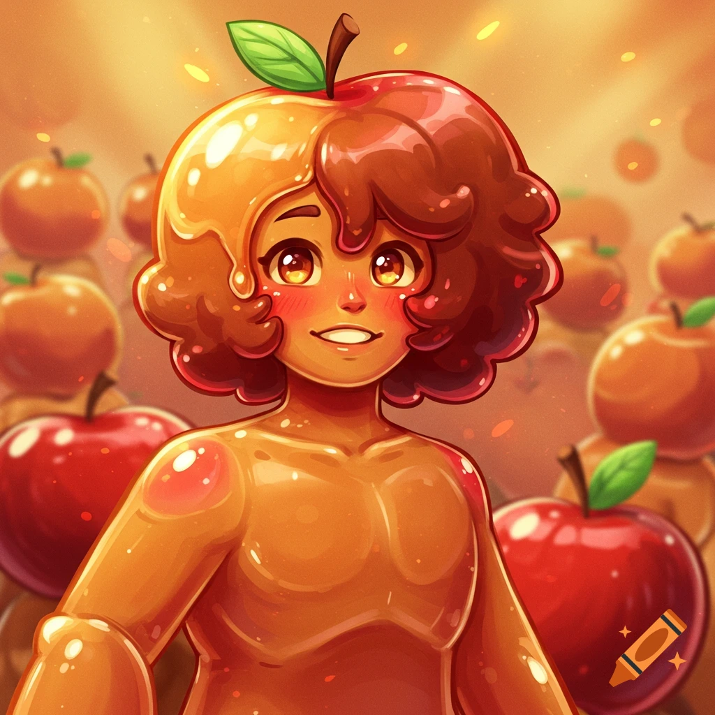 A stylized character made of caramel and apple is surrounded by apples.